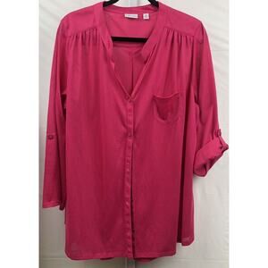 Kim Rogers Top Women 1X Pink Stretch Pleated Button Up Mock Neck Roll Tab Blouse